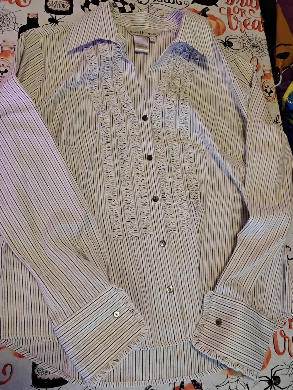 David Brooks Women's Striped Ruffle tuxedo Button-Down Blouse Size 16
